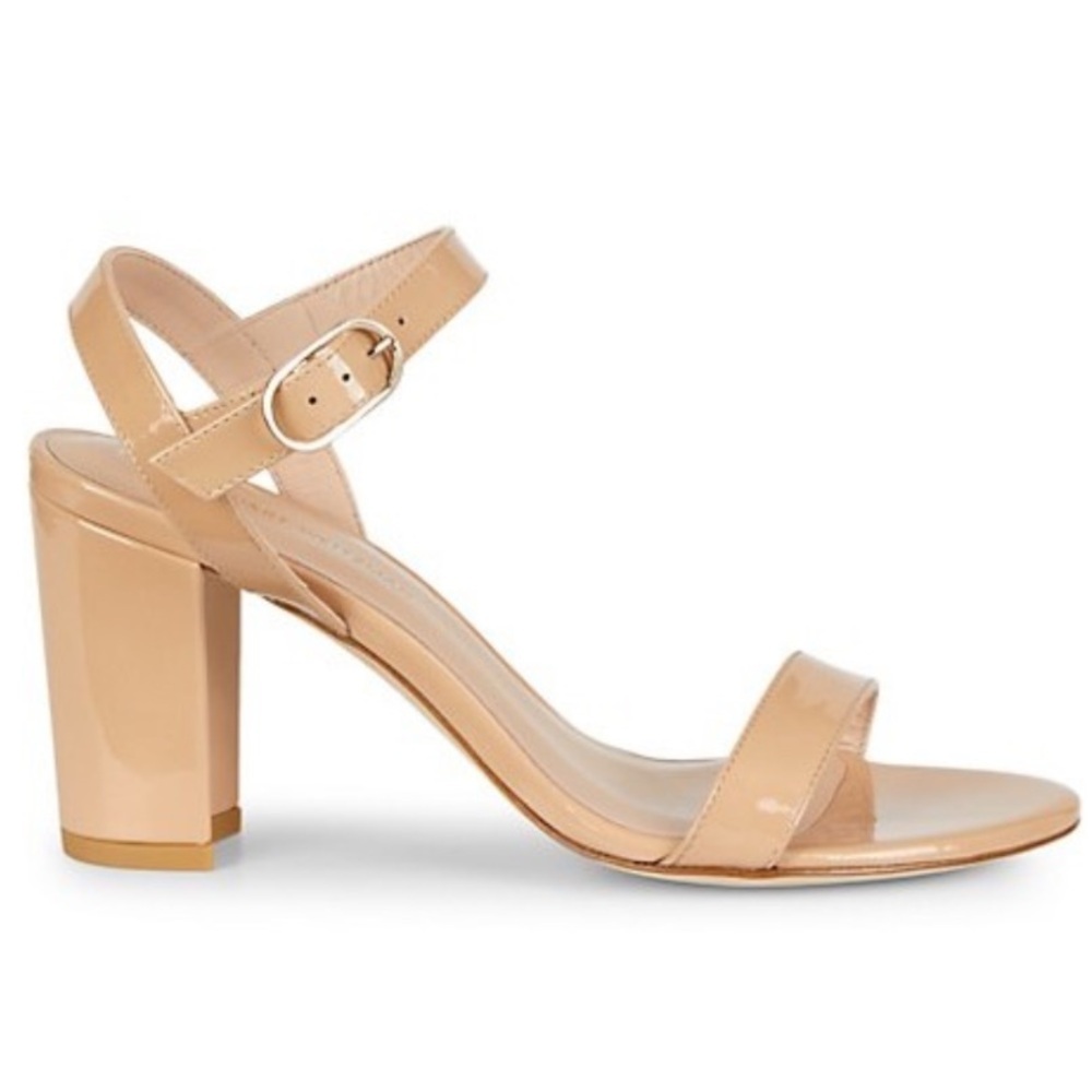 Stuart Weitzman Taliana Leather Block-Heel Strap Sandal Tan Nude Patent 8.5